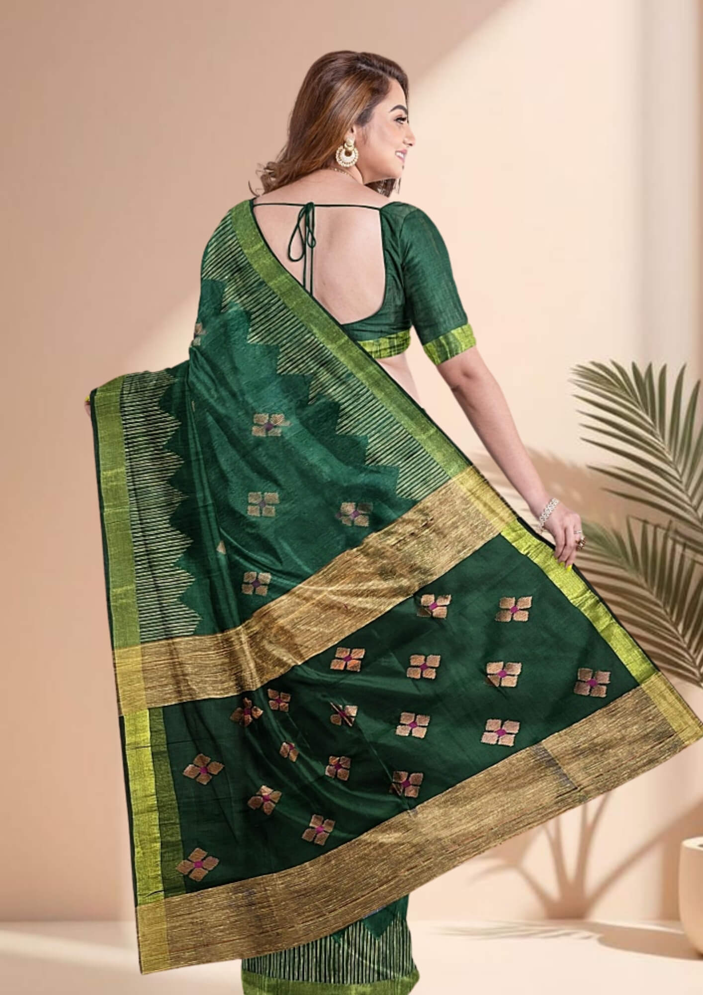 Handwoven Jamdani Soft Khadi Cotton Saree in Serene Green