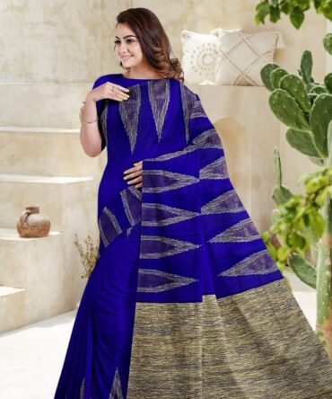 Handwoven Cotton-Silk Saree in Ink Blue with Temple Border and Gicha Anchal