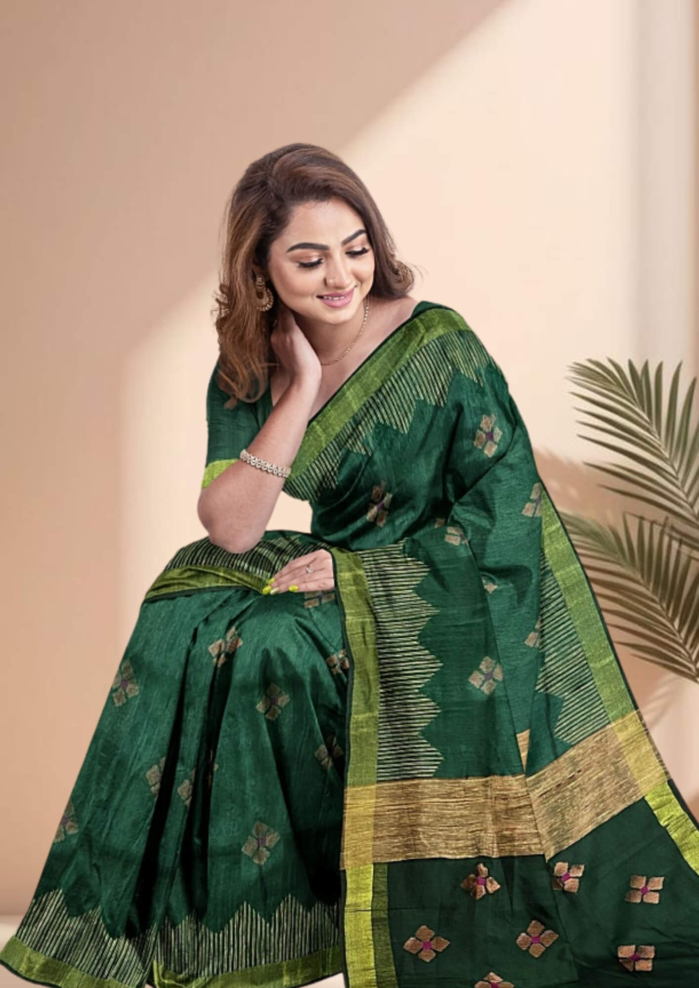 Handwoven Jamdani Soft Khadi Cotton Saree in Serene Green