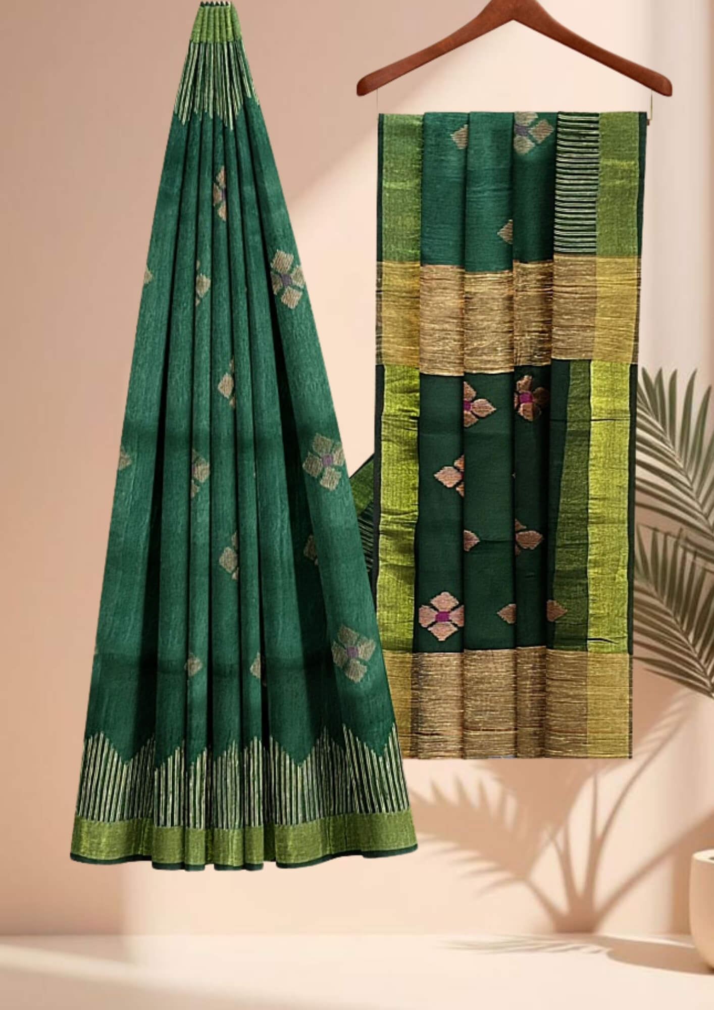 Handwoven Jamdani Soft Khadi Cotton Saree in Serene Green