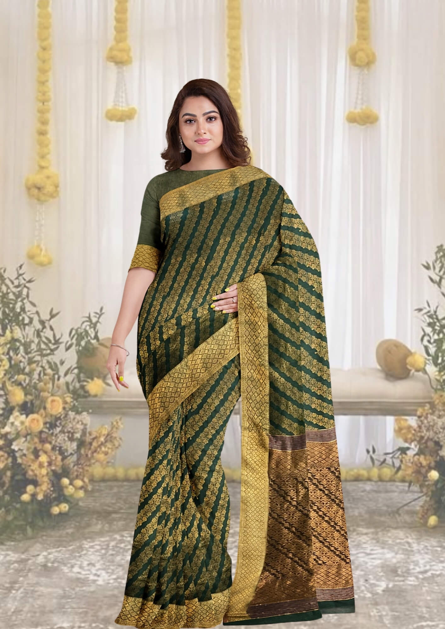 A Symphony of Green and Gold: Hand-Embroidered Silk-Linen Benarasi Masterpiece.