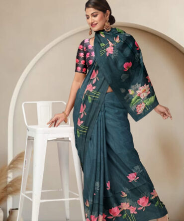 Enigmatic Beauty: Black Half Tussar Saree with Digital Printed Lotus Motifs
