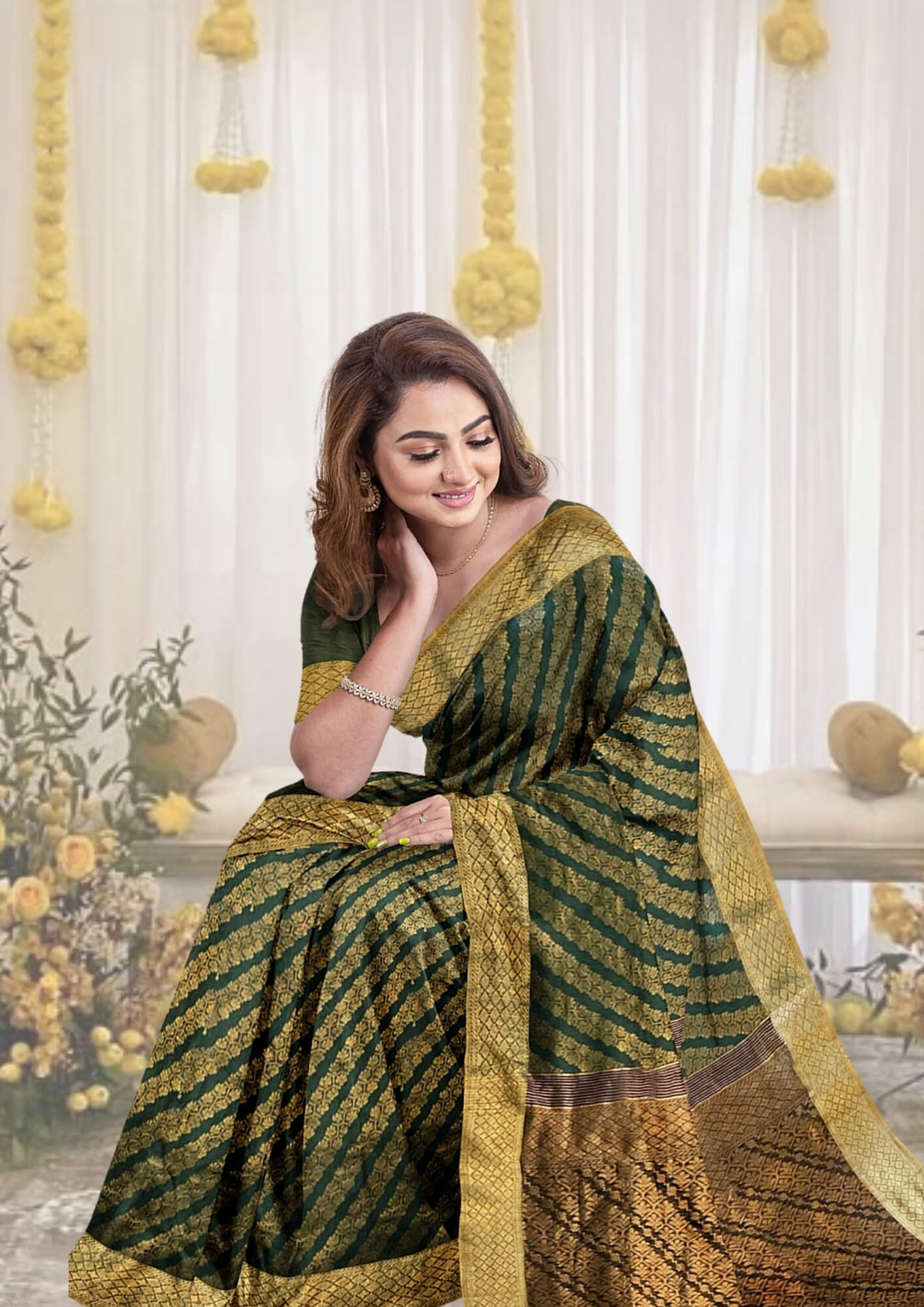 A Symphony of Green and Gold: Hand-Embroidered Silk-Linen Benarasi Masterpiece.