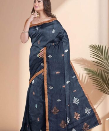 Handwoven Jamdani Linen Saree in Black and Orange