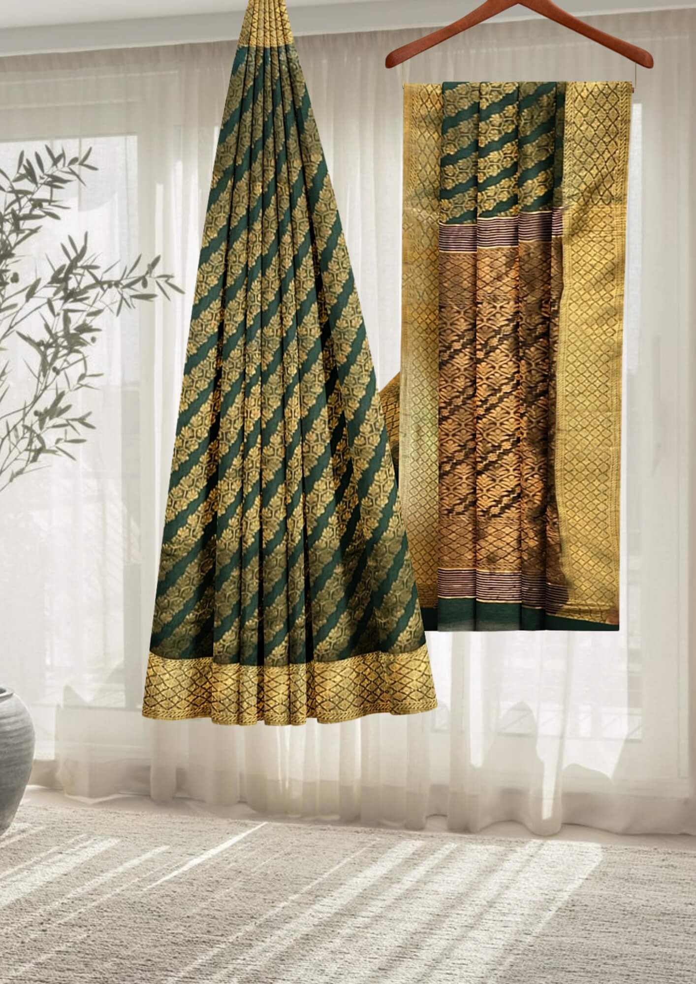 A Symphony of Green and Gold: Hand-Embroidered Silk-Linen Benarasi Masterpiece.