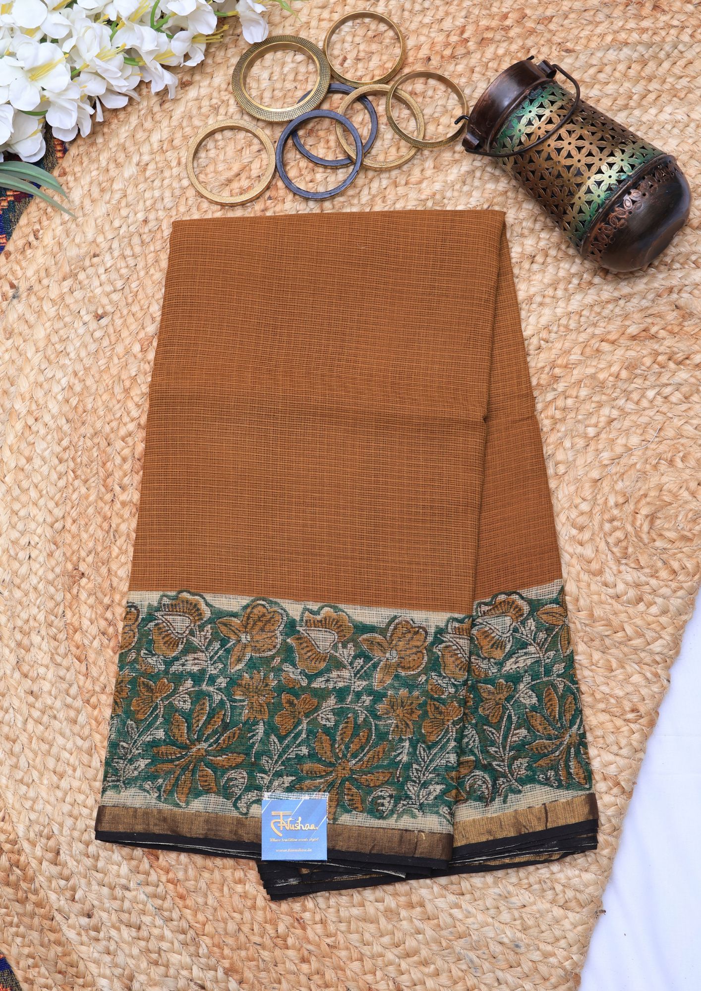 Mustard with Green Block Printed Kota Saree