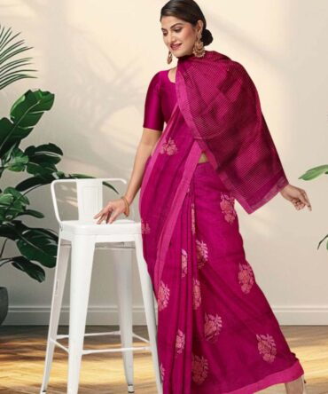 Handwoven Jamdani Linen Saree in Captivating Magenta