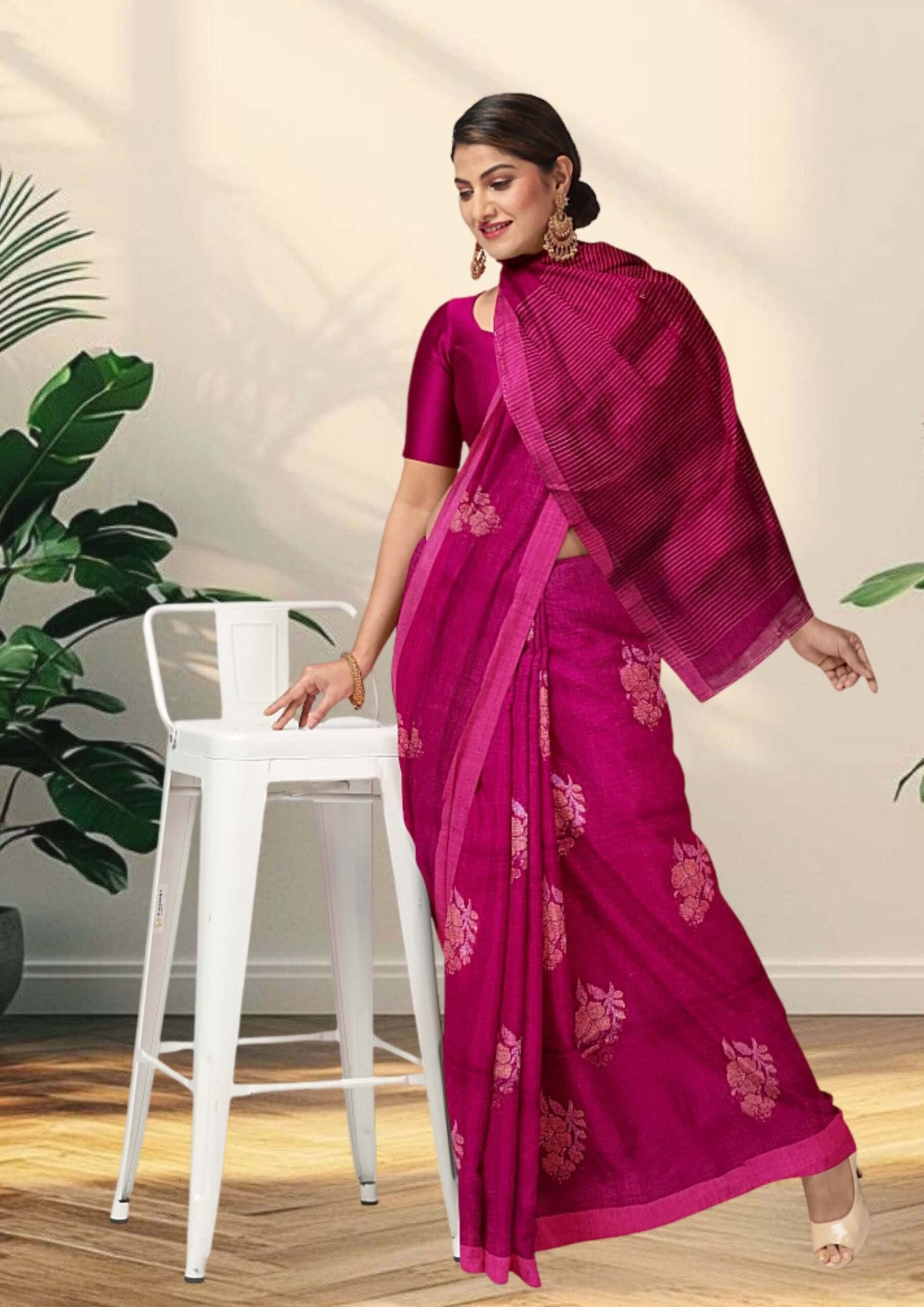 Handwoven Jamdani Linen Saree in Captivating Magenta