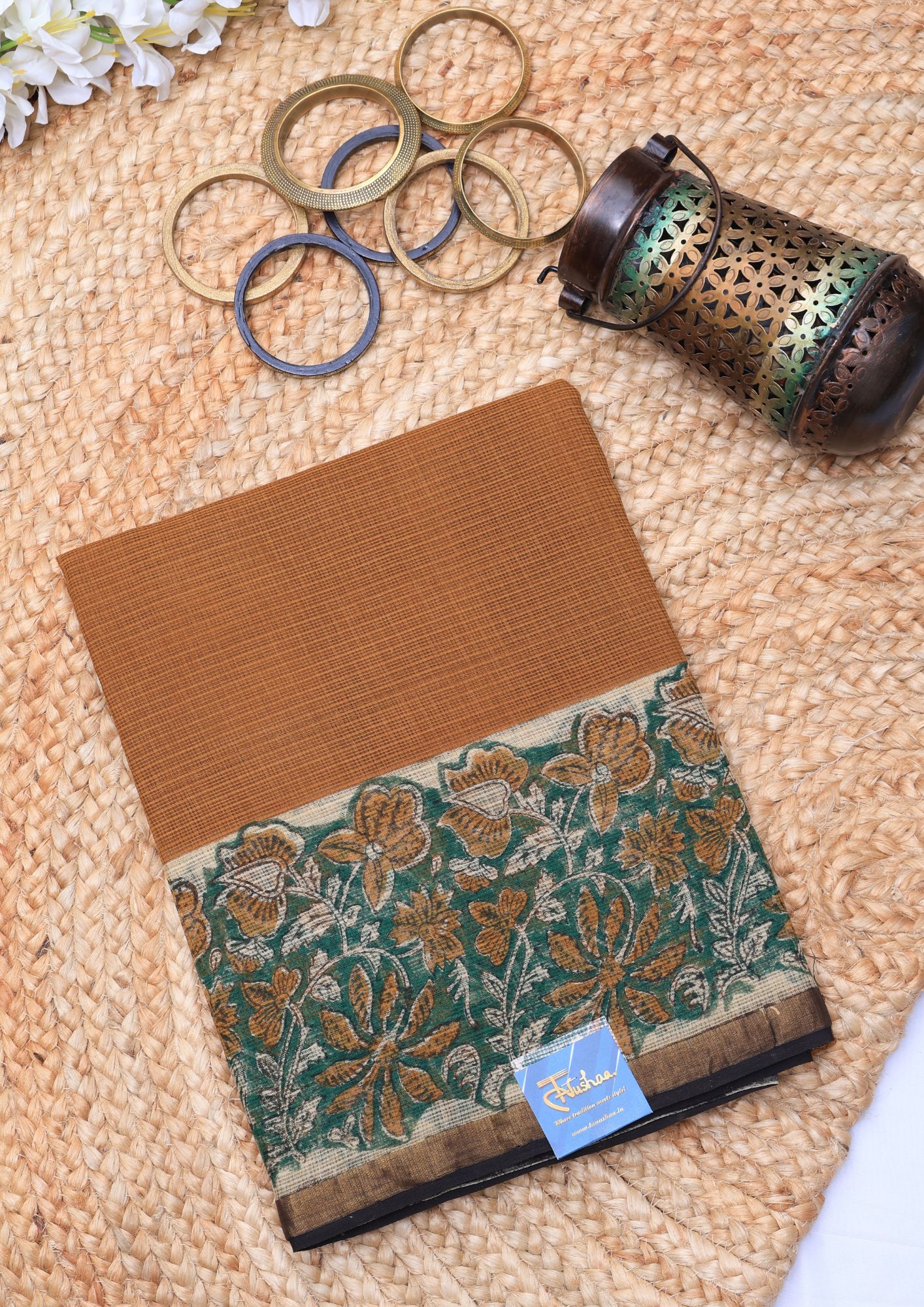 Mustard with Green Block Printed Kota Saree