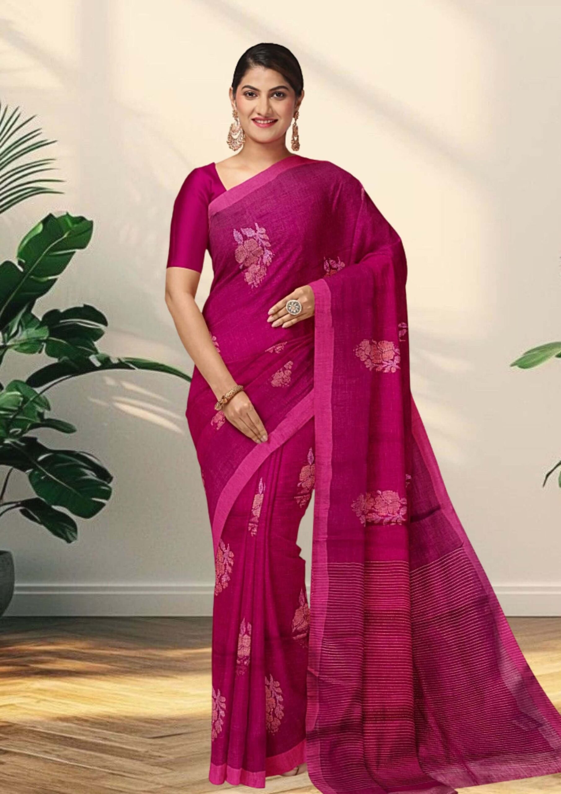 Handwoven Jamdani Linen Saree in Captivating Magenta