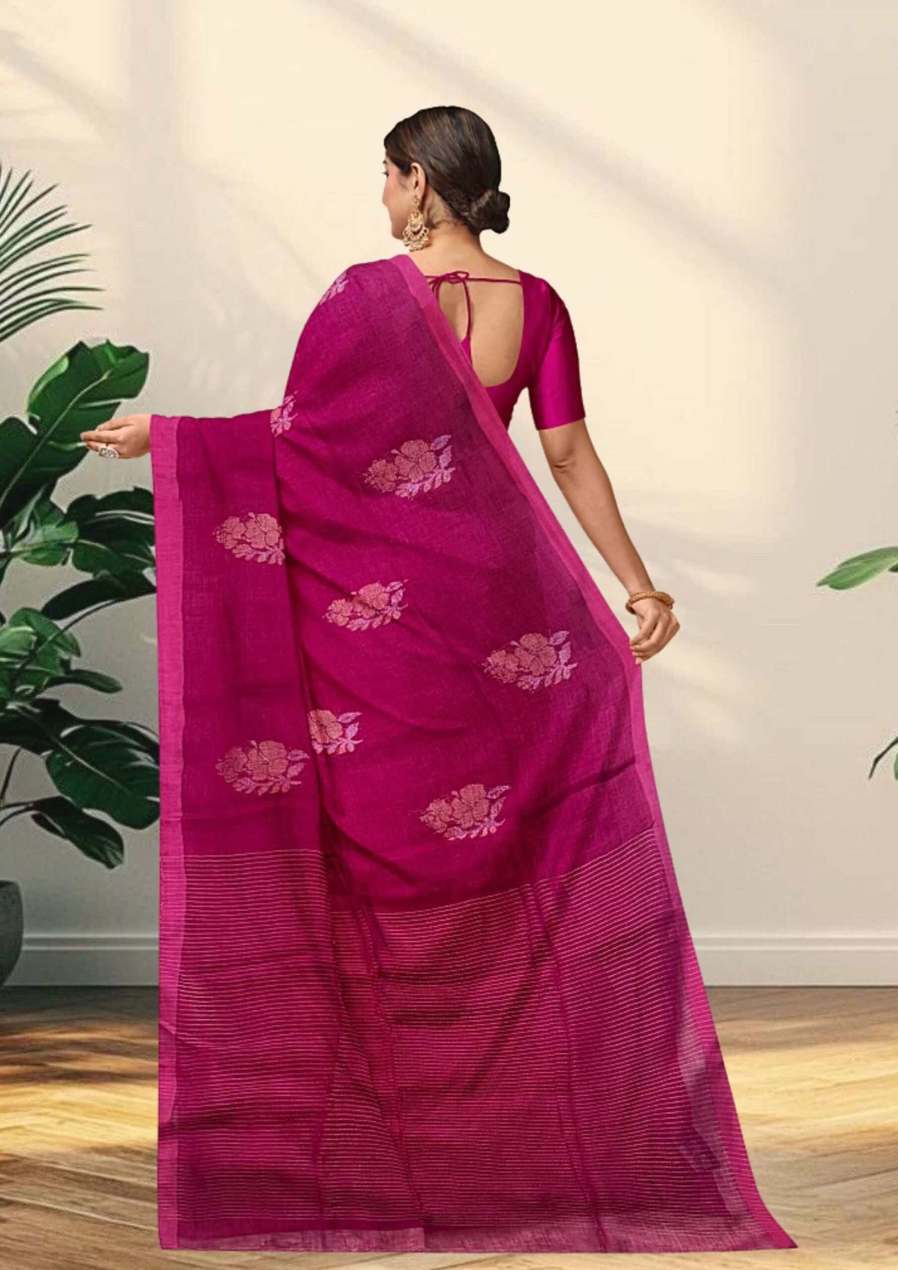 Handwoven Jamdani Linen Saree in Captivating Magenta