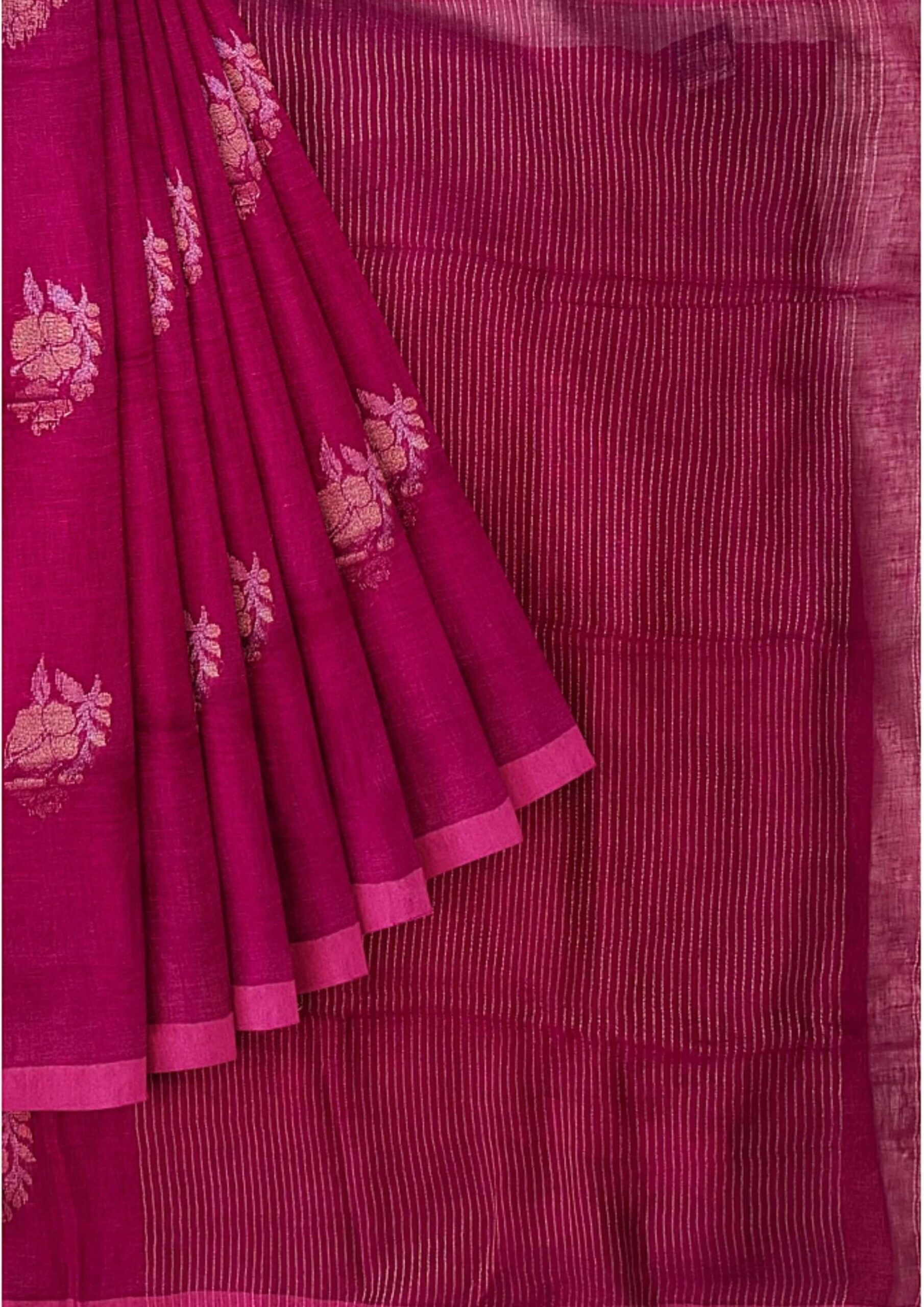 Handwoven Jamdani Linen Saree in Captivating Magenta