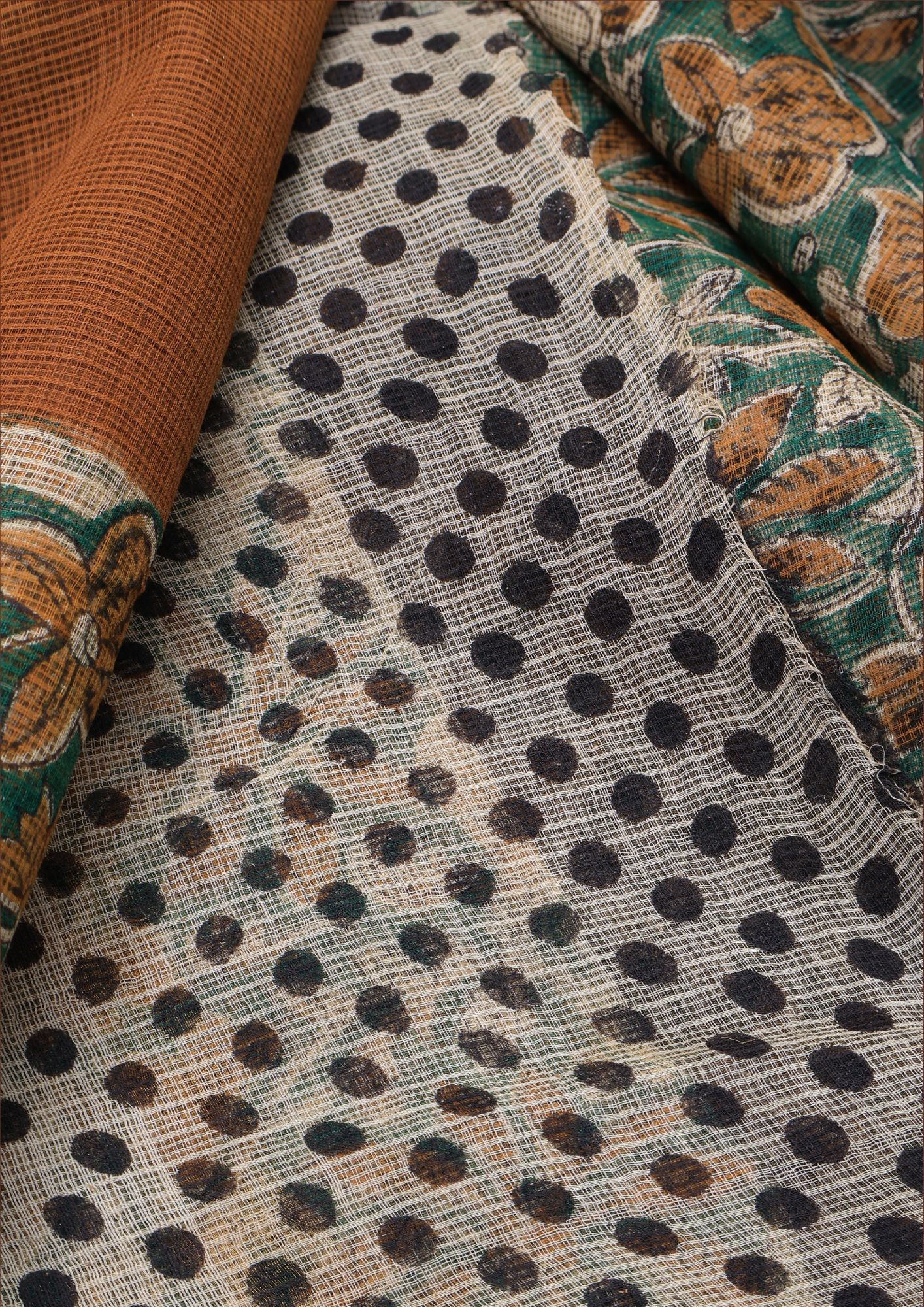 Mustard with Green Block Printed Kota Saree