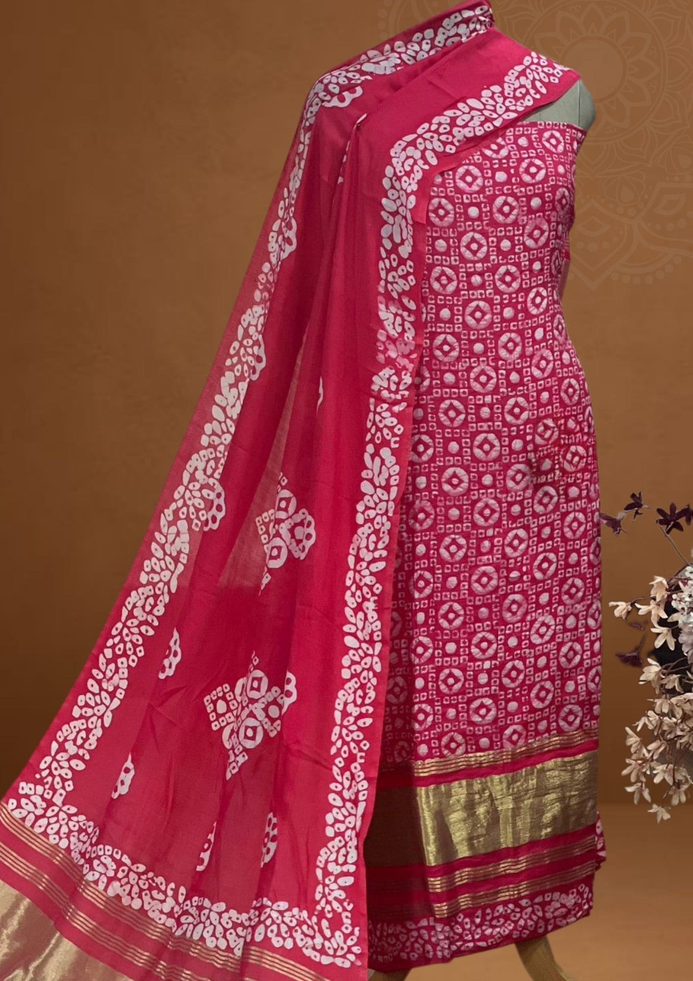 Baatik Print Red Silk Unstitched Suit Set_