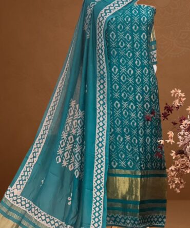 Baatik Print Teal Blue Silk Unstitched Suit Set_