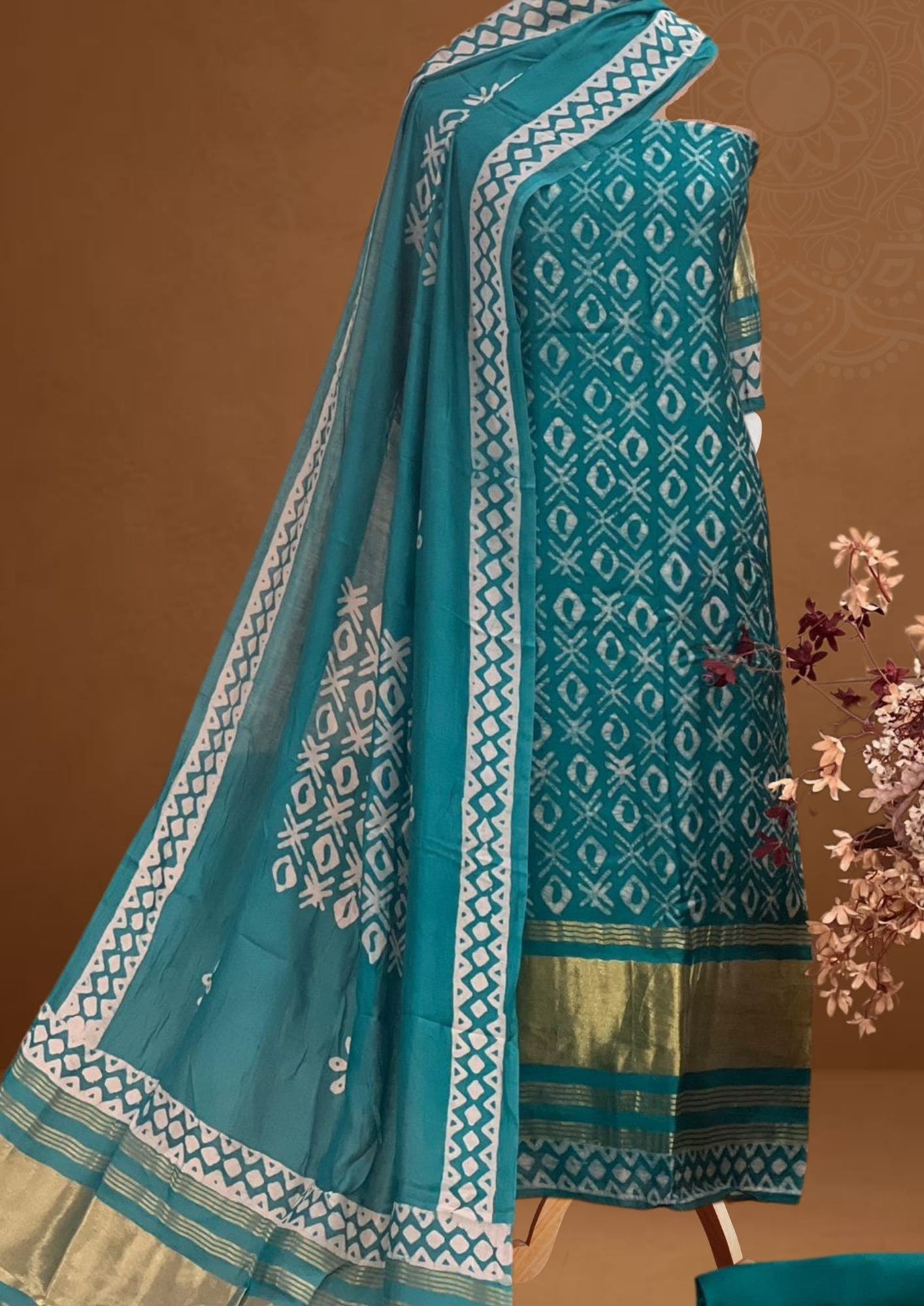 Baatik Print Teal Blue Silk Unstitched Suit Set_