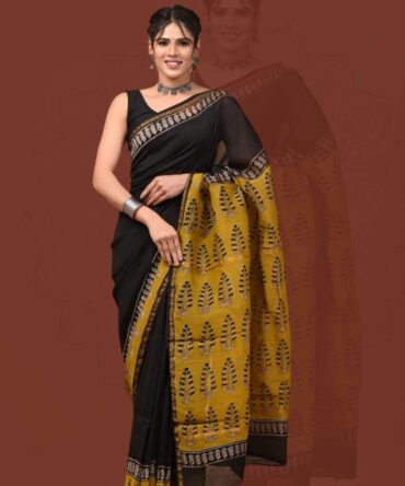 Black & Mustard Maheshwari Saree