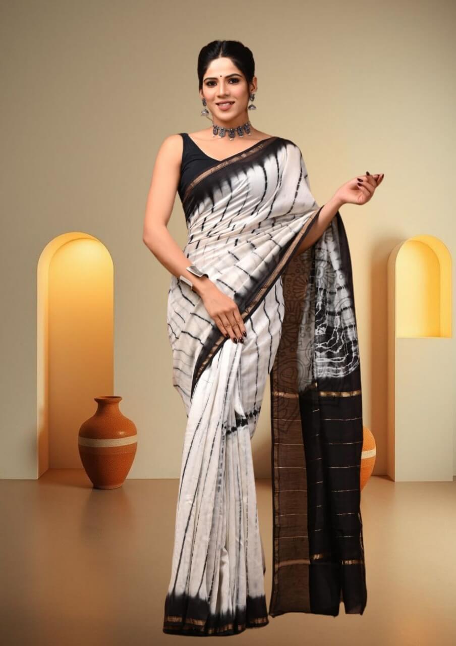 Black White Chanderi Saree