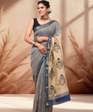 Blue Cream Maheshwari Saree