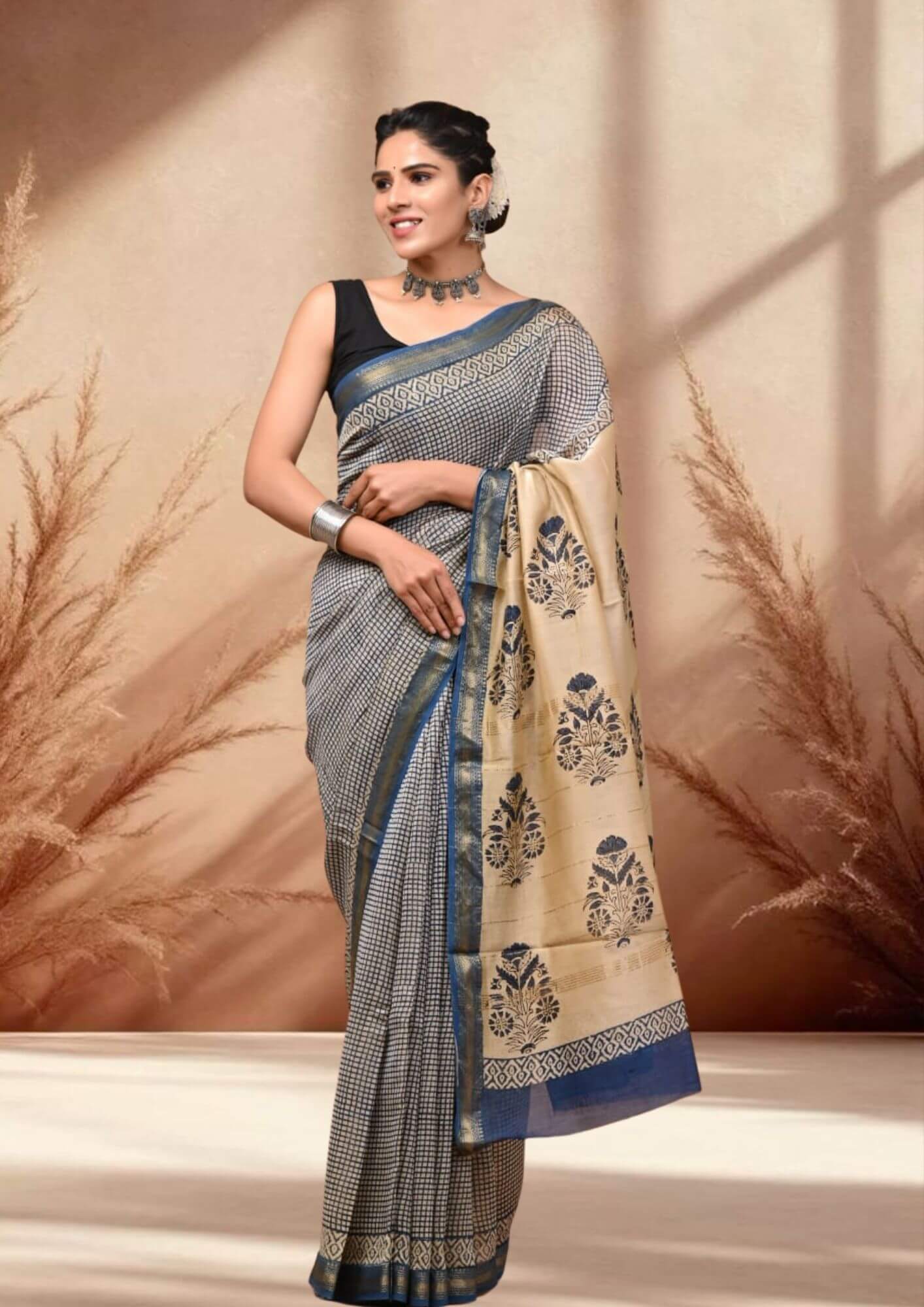 Blue Cream Maheshwari Saree