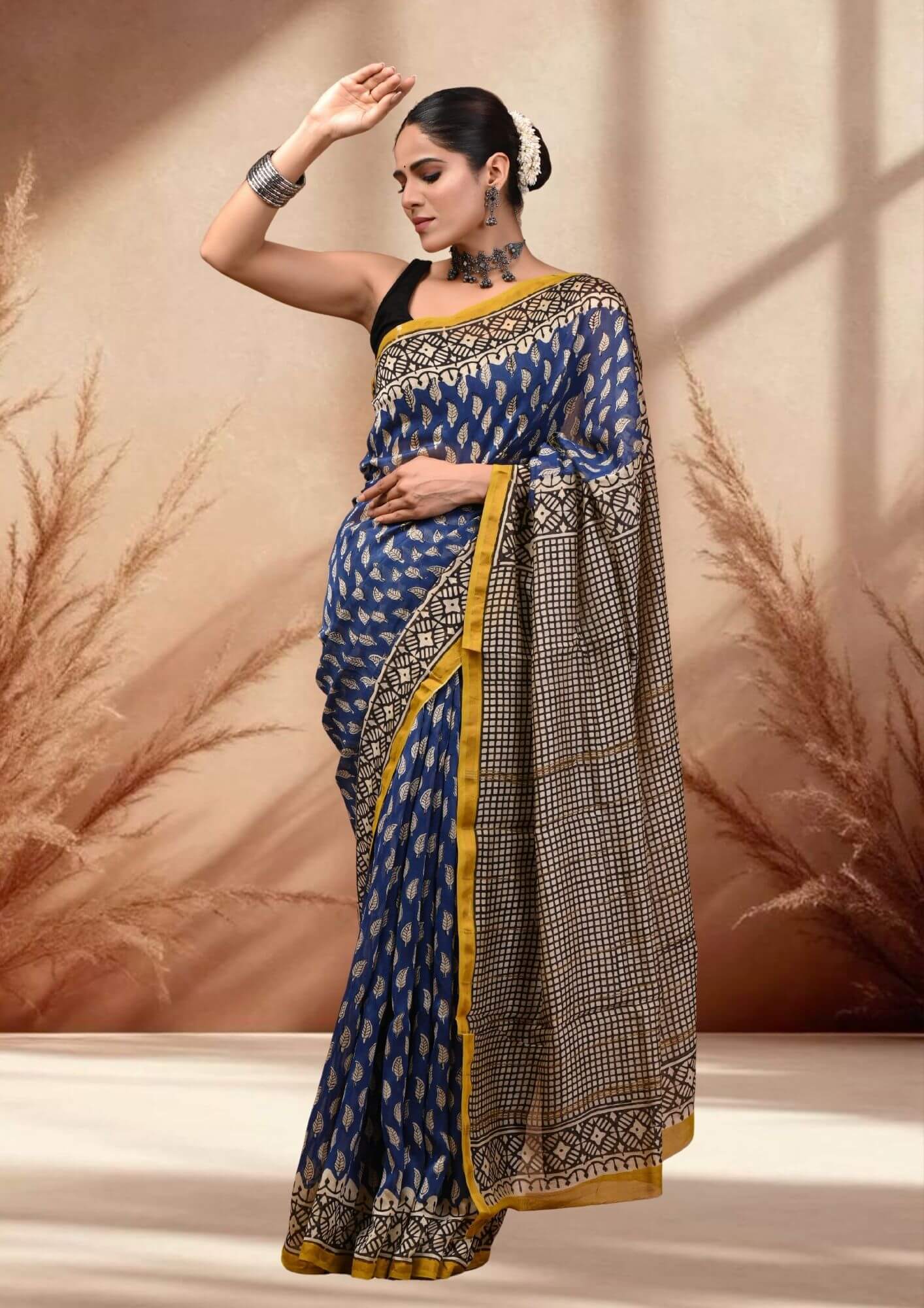 Blue & yellow Maheshwari Saree