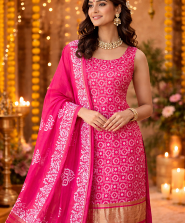 Fiery Elegance: Vibrant Pink Batik Print Cotton Silk Unstitched Suit Set