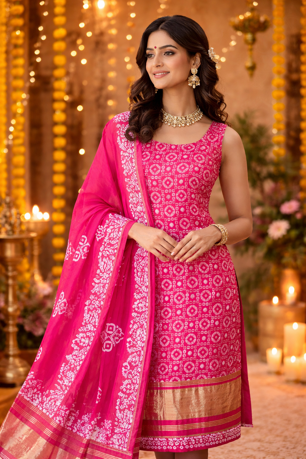 Fiery Elegance: Vibrant Pink Batik Print Cotton Silk Unstitched Suit Set