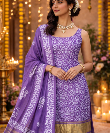 Purple Batik Silk Suit Set: Vibrant Print, Luxurious Finish