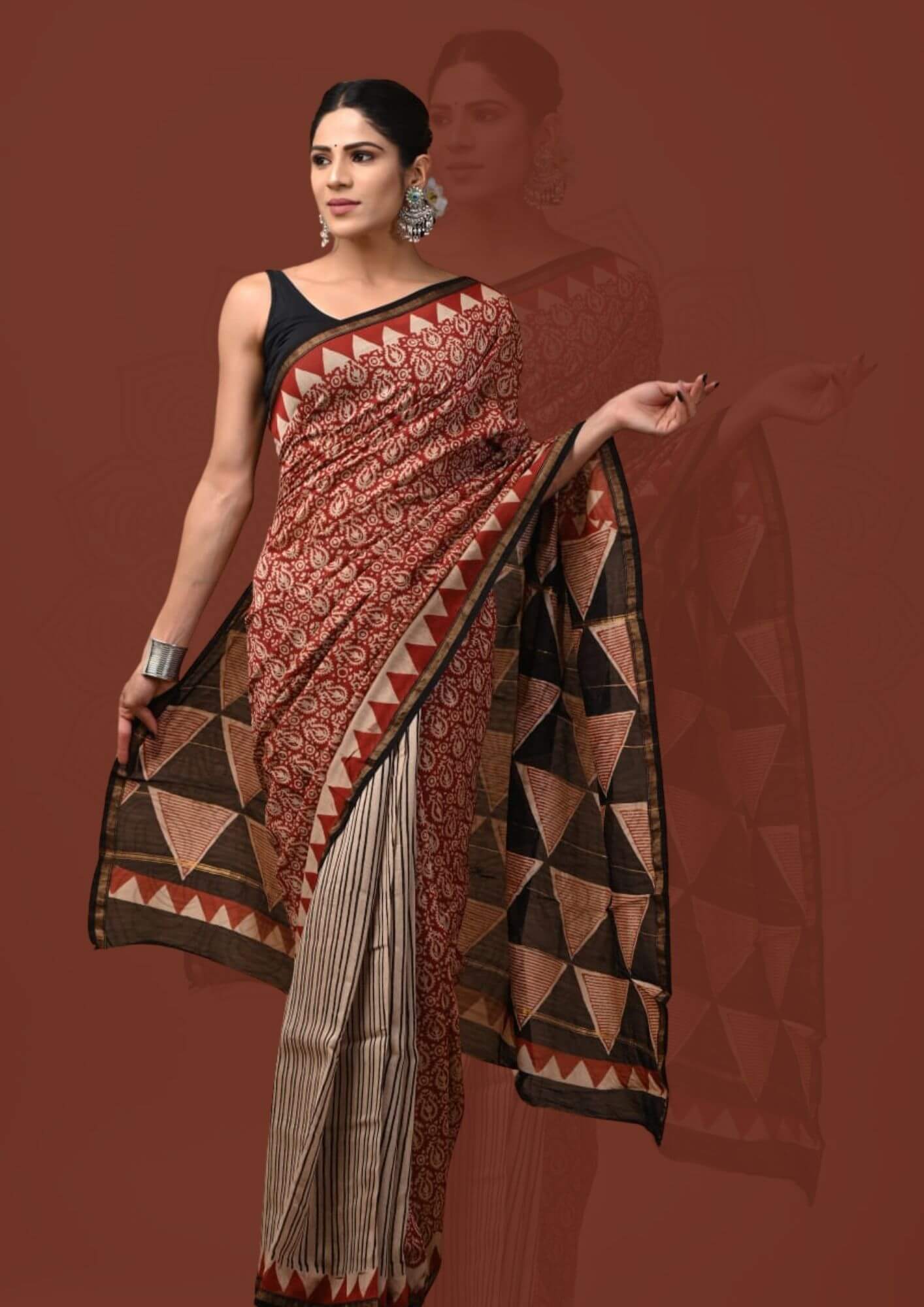 Deep Red Printed Maheshwari Saree