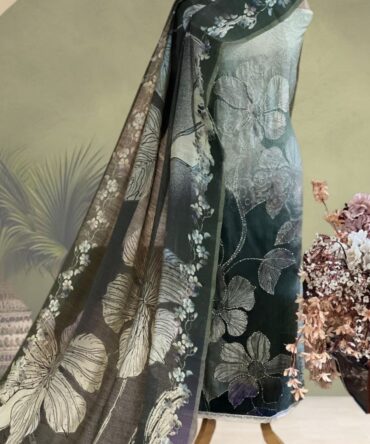 Pure Muslin Digital Printed Kantha Work Unstitched Suit- Black & Grey_