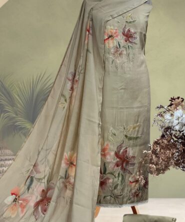 Pure Muslin Digital Printed Kantha Work Unstitched Suit- Cream Colour