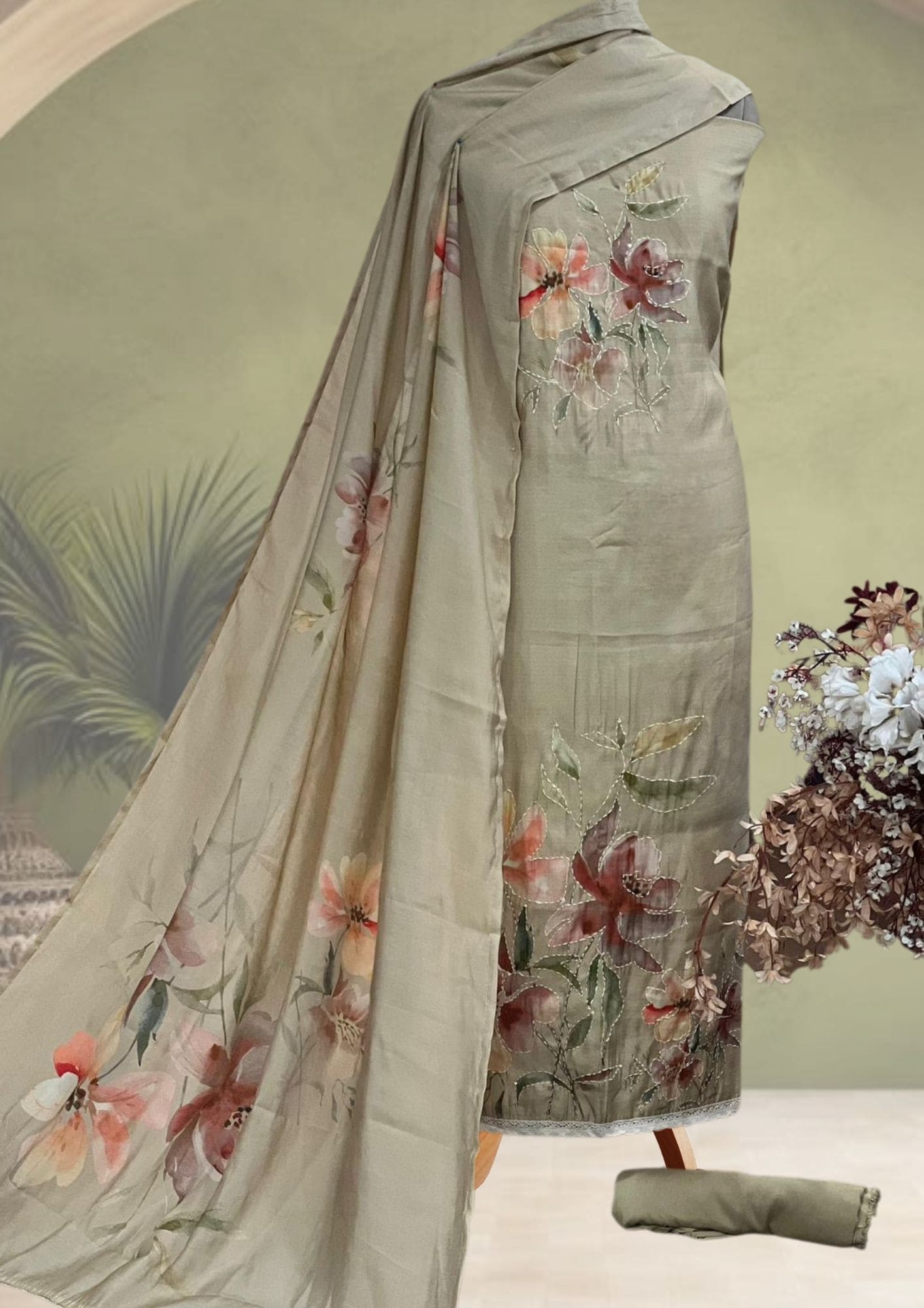 Pure Muslin Digital Printed Kantha Work Unstitched Suit- Cream Colour