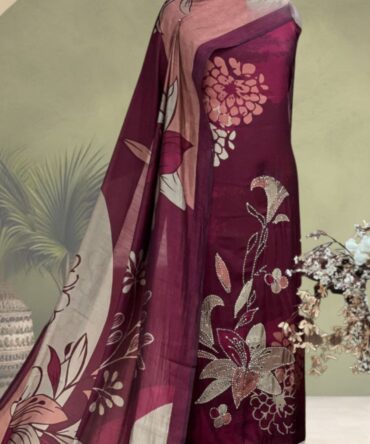 Pure Muslin Digital Printed Kantha Work Unstitched Suit- Wine Colour