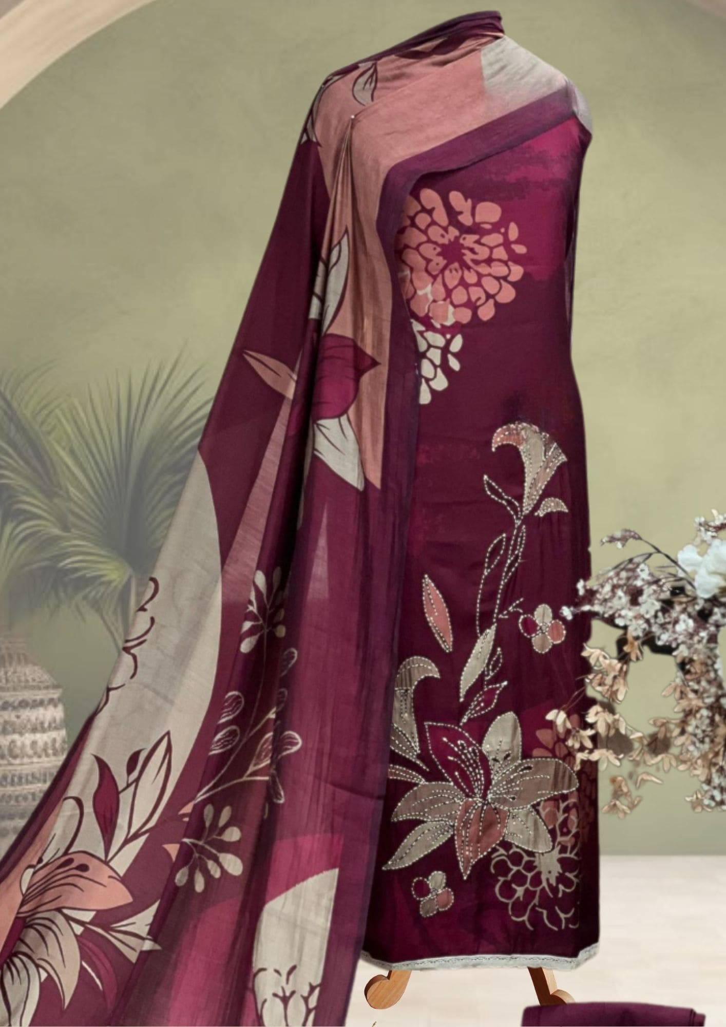 Pure Muslin Digital Printed Kantha Work Unstitched Suit- Wine Colour