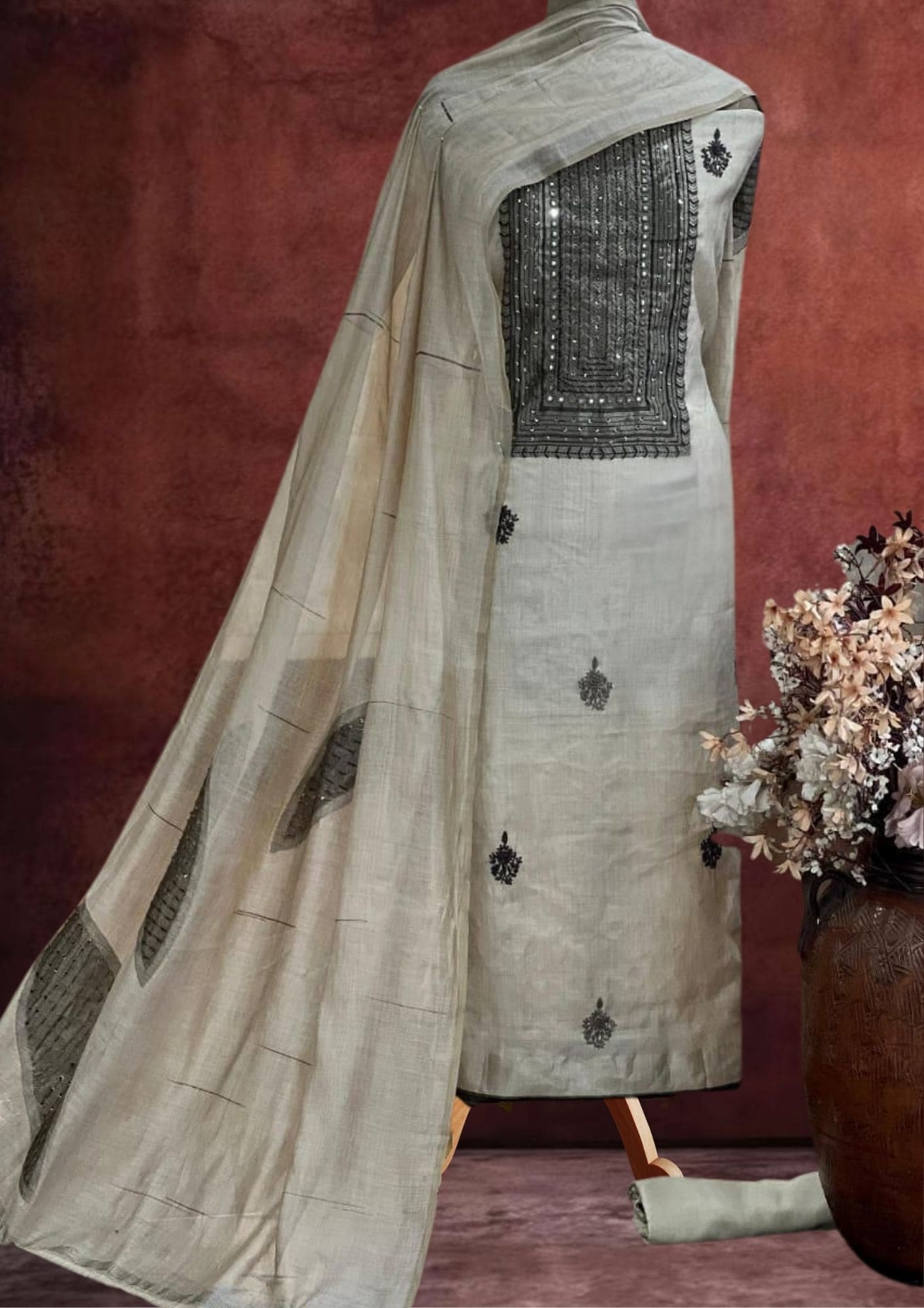 Sand Silk Jamdani Weave & Sequins Knot Work Unstitched Suit_