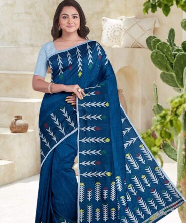 Sustainable Khadi Cotton Saree in Teal Blue with Jamdani Weave