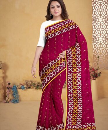 A Fusion of Artistry: Magenta Dhakai Saree with Applique and Resham Kota