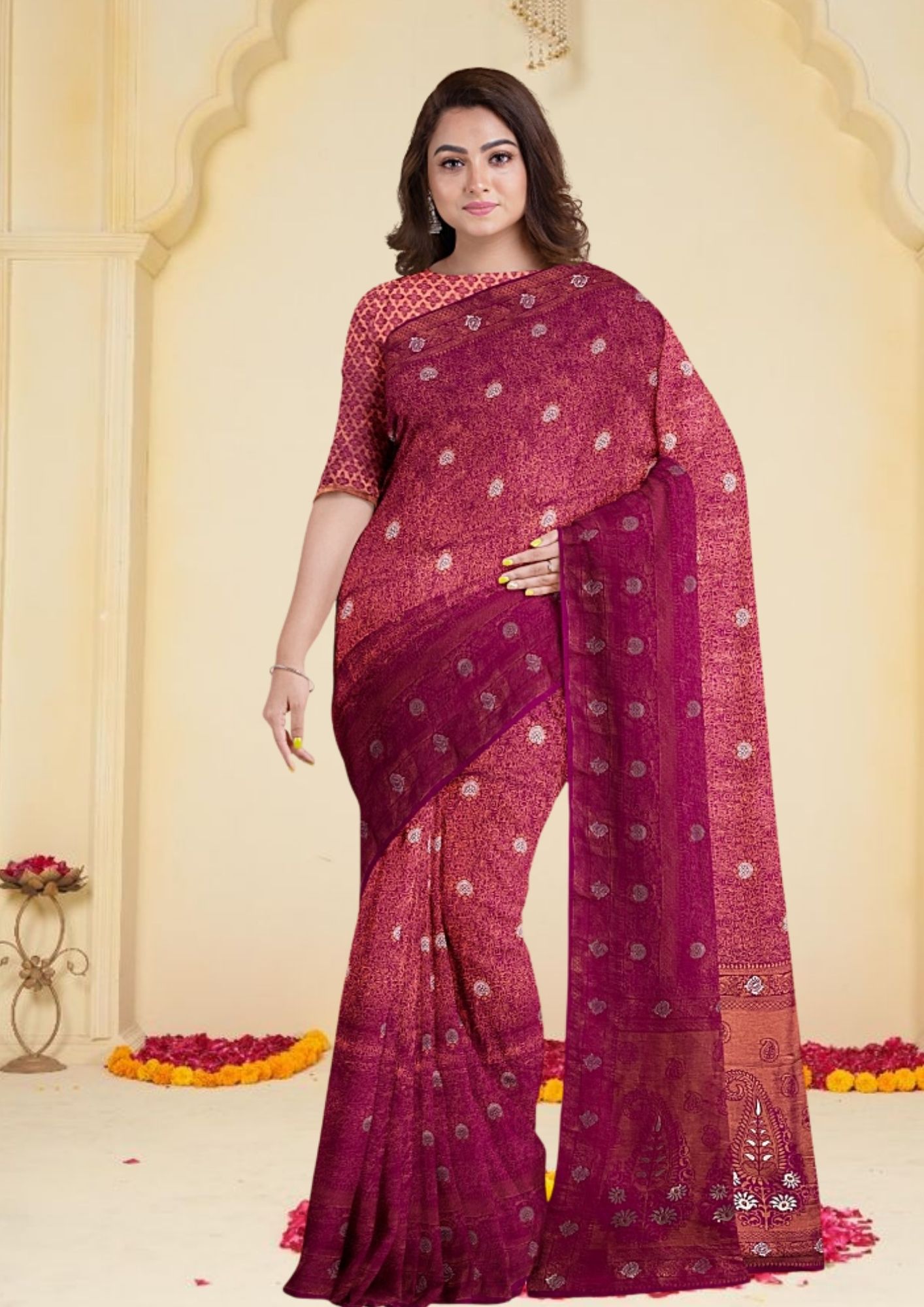 Magenta & Gold Banarasi Saree with Zari Buti: A Celebration of Opulence