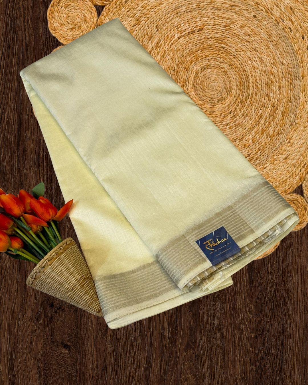 Creme Cotton Silk Saree with Golden Aanchal