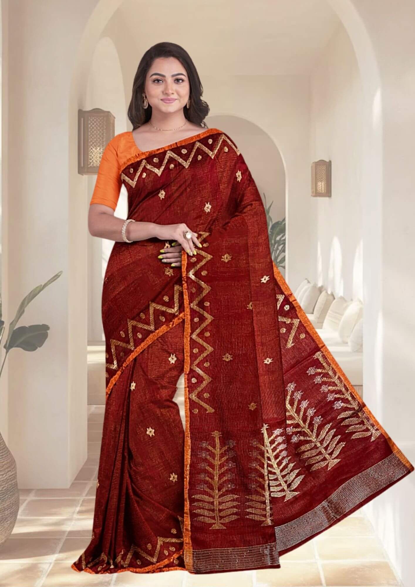 Rust Metallic Mashup Linen Saree with Jamdani Weave: A Symphony of Tradition and Modernity