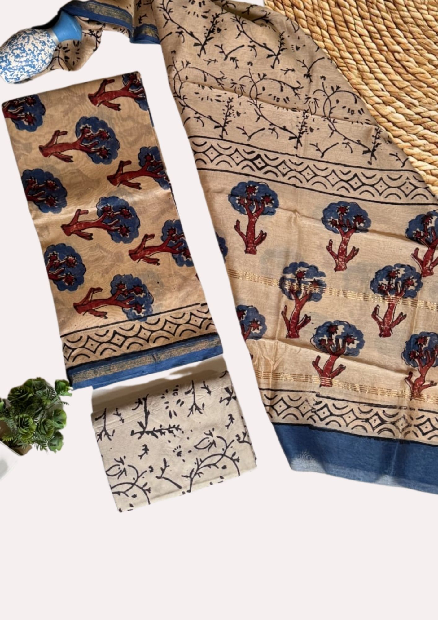 Cream and Blue Chanderi Suit Set