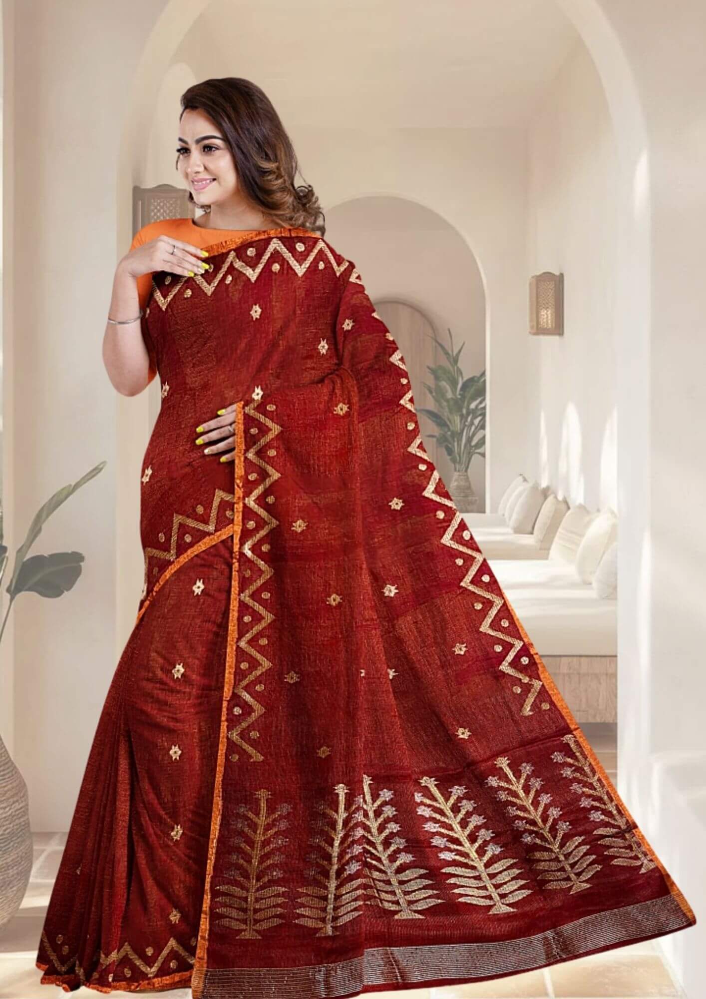 Rust Metallic Mashup Linen Saree with Jamdani Weave: A Symphony of Tradition and Modernity