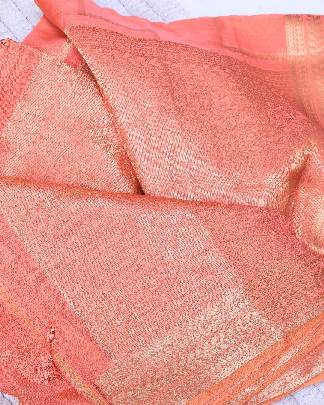 Peach Crepe Saree with Navy Blue Blouse