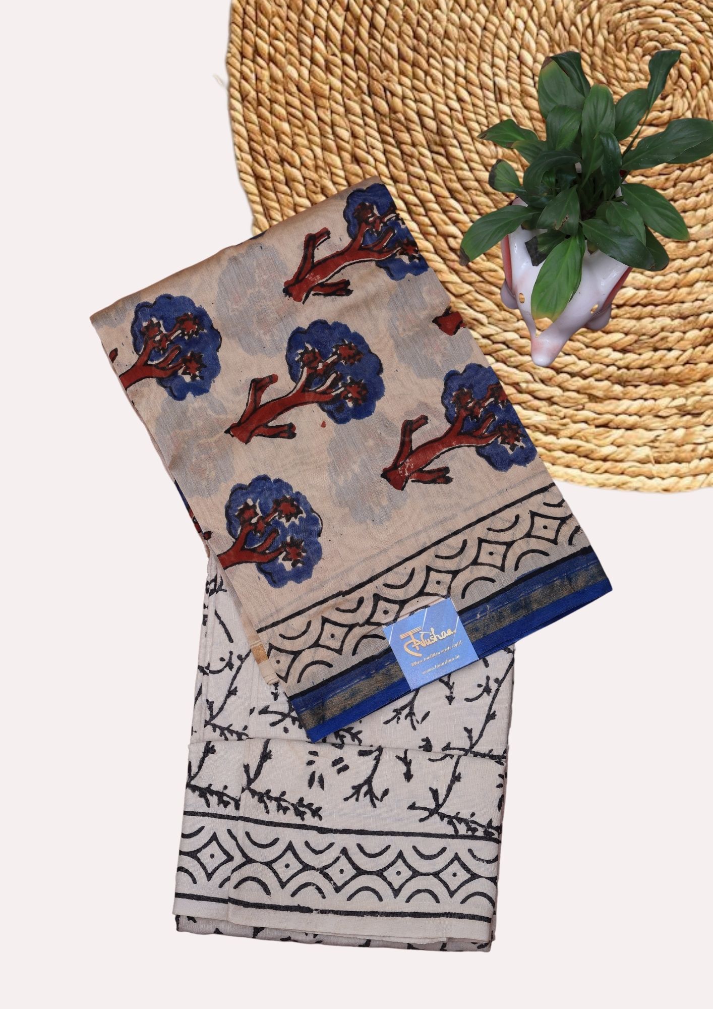 Cream and Blue Chanderi Suit Set