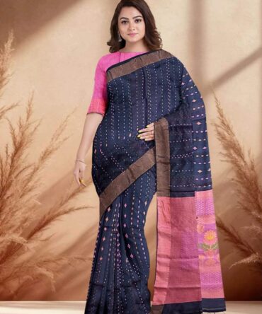 Exquisite Handwoven Jamdani Saree in Blue & Pink - A Timeless Fusion of Tradition and Elegance