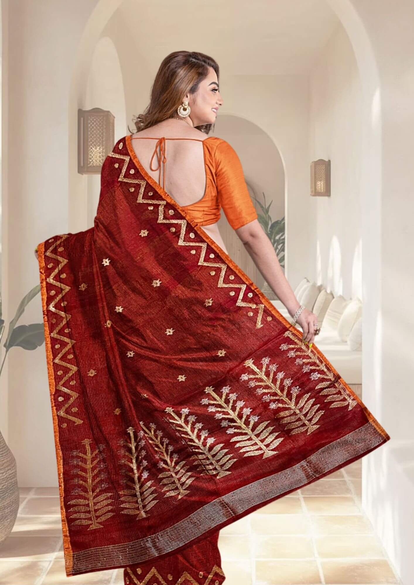 Rust Metallic Mashup Linen Saree with Jamdani Weave: A Symphony of Tradition and Modernity
