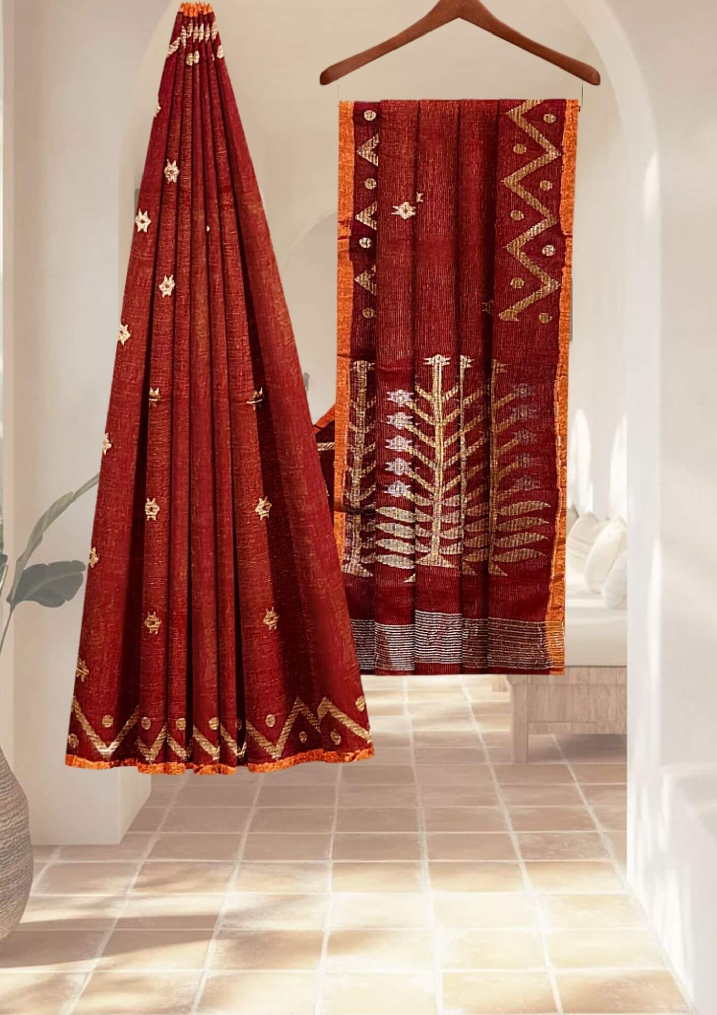Rust Metallic Mashup Linen Saree with Jamdani Weave: A Symphony of Tradition and Modernity