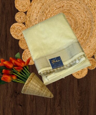 Creme Cotton Silk Saree with Golden Aanchal