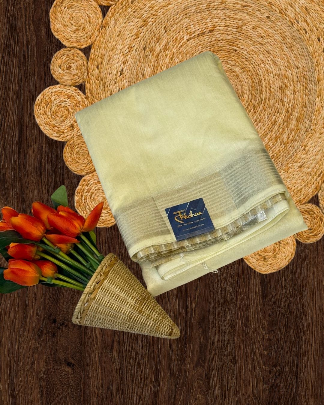 Creme Cotton Silk Saree with Golden Aanchal