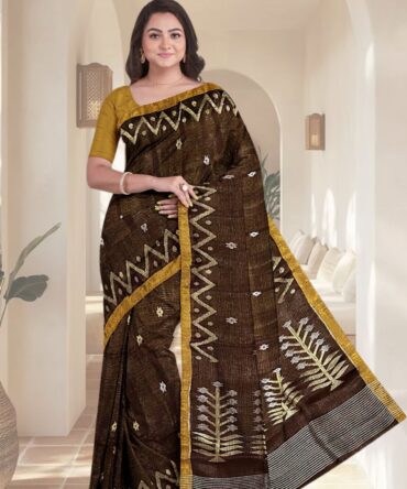 Coffee Metallic Mashup Linen Saree with Jamdani Weave: Rustic Charm Meets Urban Glam